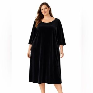 Lands’ End Black Velvet Midi Dress 3X Plus Size Swing 3/4 Sleeve Holiday Elegant